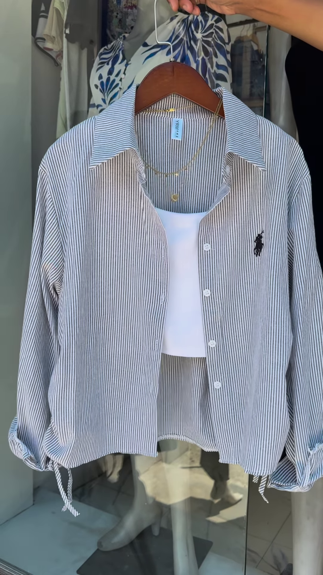 Mint Striped Drawstring Shirt with White Crop Tank – Breezy Layered Look - Image 4