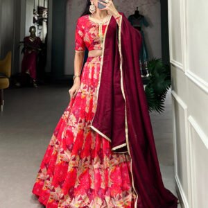 Red Color Tussar Silk Floral Printed Lehenga Choli