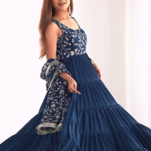 Midnight Blue Embroidered Tiered Anarkali Set