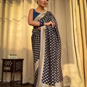 Beautiful Navy Blue Color Banarasi Jacquard Weaving Saree