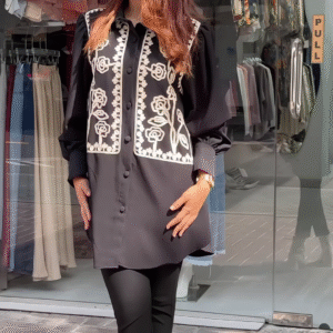 White & Black Embroidered Oversized Shirt