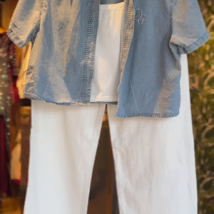 Embellished Denim Coord Set with White Wide-Leg Pants