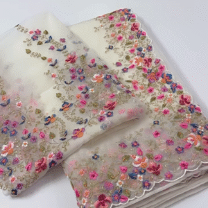 Ivory Organza Dupatta with Multicolor Floral Embroidery