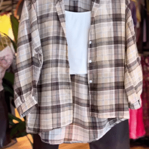 Classic Beige Checkered Shirt Co-ord Set with White Tank & Black Pants