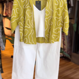 Lime Mesh Shirt Co-ord Set with White Ribbed Tank & Wide-Leg Trousers