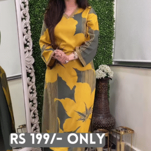 Chic Mustard & Grey Printed Long Dress – Effortless Elegance