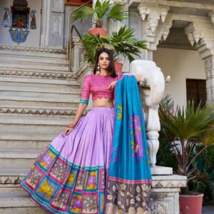 Lavender Color Tussar Silk Kalamkari Printed Lehenga Choli