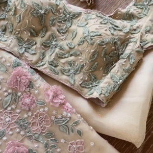 Pastel Peach Embroidered Net Blouse & Dupatta Set