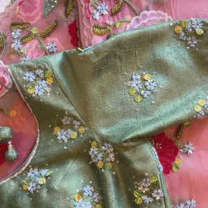 Olive Green Sequin Embroidered Blouse with Floral Net Dupatta