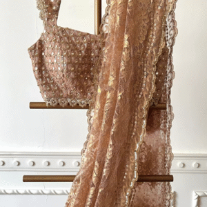 Champagne Gold Sequin Embroidered Lace Saree with Designer Blouse