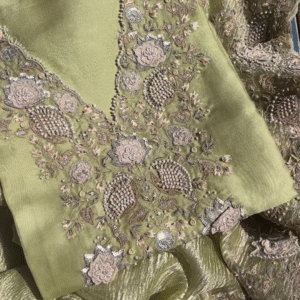 Olive Green Metallic Silk Embroidered Suit Set with Pearl Detailing