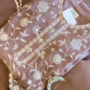 Elegant Mauve Georgette Embroidered Kurta Set with Lace Detailing & Matching Dupatta