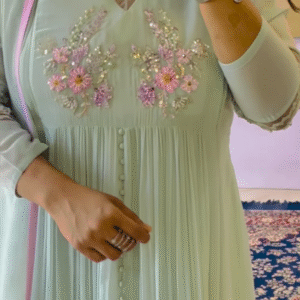 Mint Pleated Anarkali Kurta with Floral Embellishments