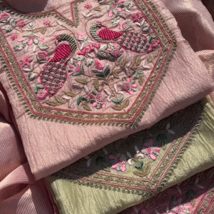Pastel Pink and Sage Green Embroidered Unstitched Suit Set
