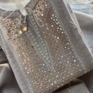 Grey Mirror Work Chikankari Unstitched Suit Set