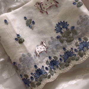 Ivory Pichwai Embroidered Linen Blend Fabric