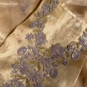 Champagne Tissue Silk Hand-Embroidered Fabric with Lilac and Gold Threadwork