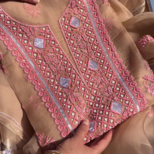 Fawn Lucknowi Chikankari and Mirror Work Unstitched Suit Set