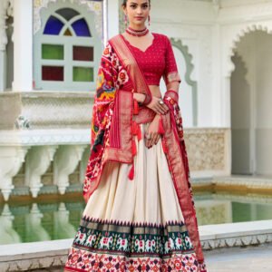 Off-White Color Tussar Silk Patola Printed Lehenga Choli
