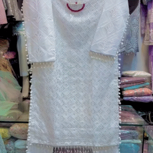 Elegant White Chikankari Kurta Set with Bead Embellishments