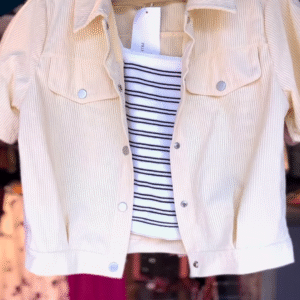 Beige Corduroy Crop Jacket with Black & White Striped Inner Top – Casual Chic Set