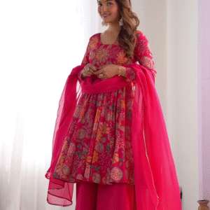 Vibrant Pink Floral Anarkali Suit – A Fusion of Elegance & Grace