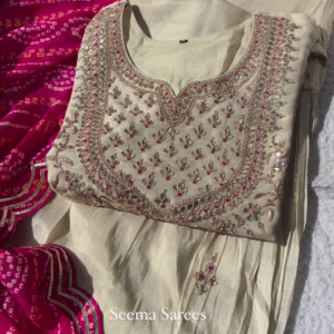Elegant Cream Embroidered Suit with Bandhani Dupatta
