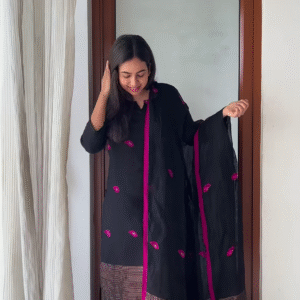 Elegant Black Kurti Set with Vibrant Pink Embroidery - Stylish Women's Ethnic Wear