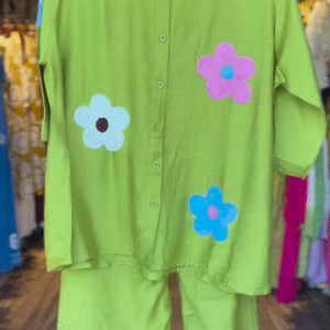 Vibrant Green Co-ord Set with Playful Floral Appliques - Chic Women's Casual Wear