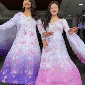 Women’s Gradient Embroidered Flared Maxi Dress – Ethnic Floral Festival Wear (Pink & Purple Variants)