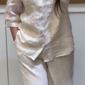 Embroidered Ivory Mandarin Collar Shirt with Matching Trousers – Lightweight Ethnic Summerwear