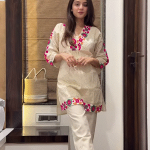 Women’s Beige Embroidered Kurta Pant Set with Geometric Pink-Green Motifs – Cultural Boutique Portrait Edit