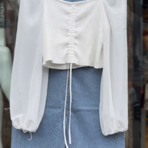 Women’s White Ruched Tie-Front Blouse with Sheer Sleeves & High-Waist Light Blue Denim Shorts – Summer Casual Co-Ord Set