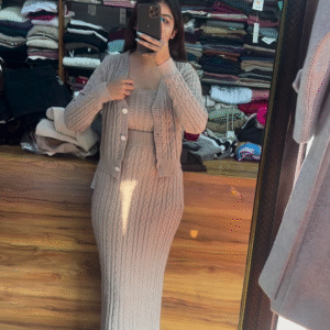 Knitted 3-Piece Co-ord Set 🧶🤍 With Cardigan, Crop Top & Long Skirt – Beige Variant