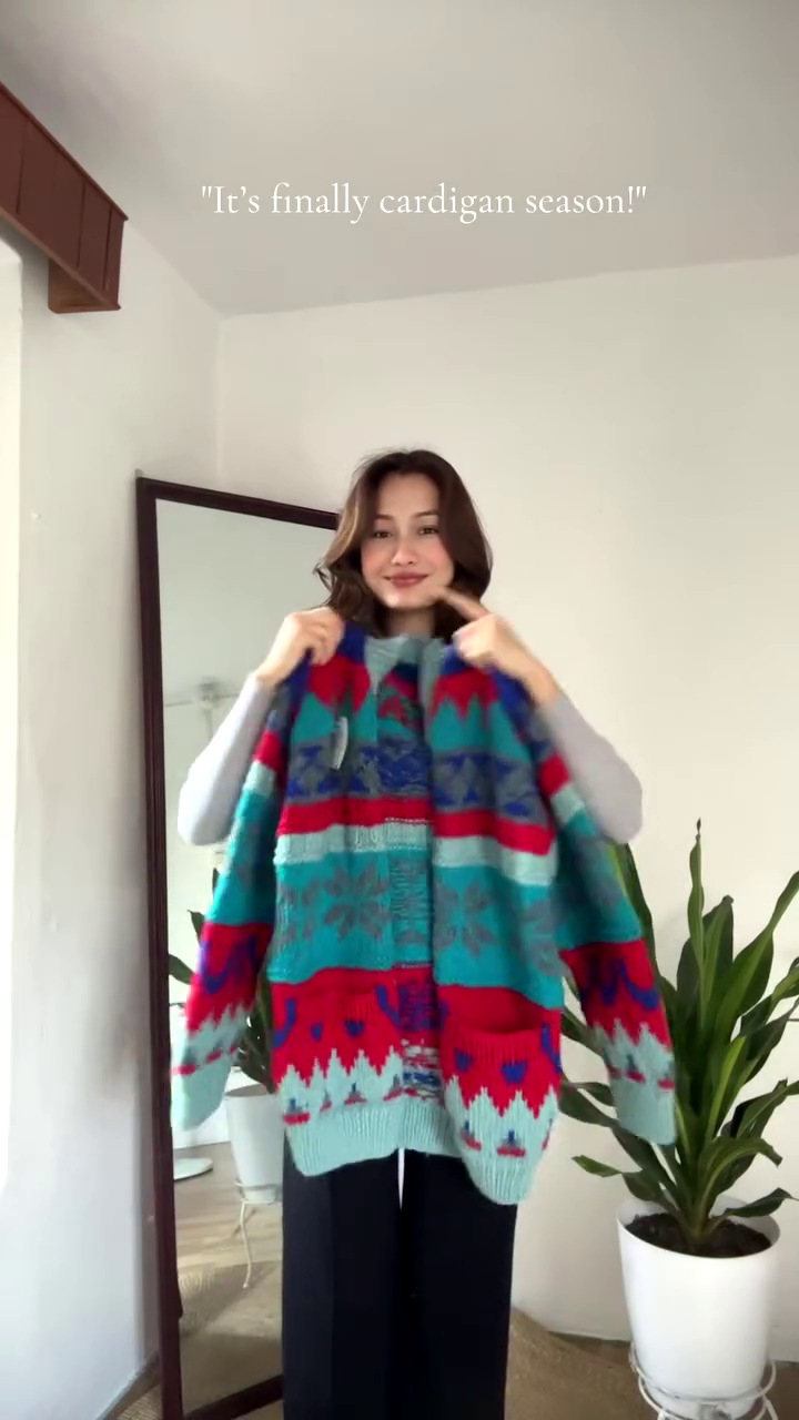 Multicolor Patterned Cardigan 🧥🍂 – Bold Knit Layer in Blue, Red & Teal with Seasonal Styling - Image 2