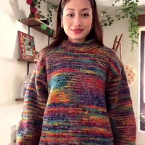 Handmade Multicolor Textured Knit Sweater 🌈🧶 – Cozy Rainbow Layer Styled in Decor-Rich Setting