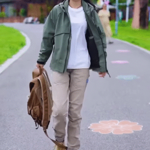 Green Zip-Up Casual Jacket 🧥🌳 – Styled with White Tee & Beige Cargo Pants in Outdoor Setting