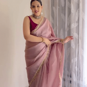 Blush Pink Organza Saree with Golden Lace Border