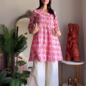 Pink Ikat Print Kurta with White Palazzo Pants