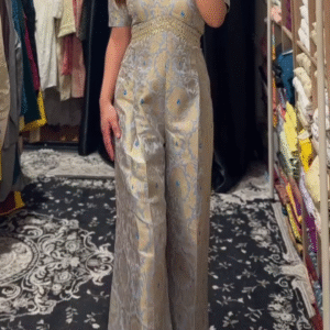 Regal Brocade Jumpsuit in Silver & Sky Blue