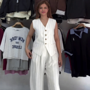 White Striped Co-ord Set with Sleeveless Vest & Wide-Leg Pants