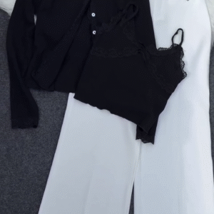 Grey Lace-Trimmed Knit Top & White Pants Co-ord Set