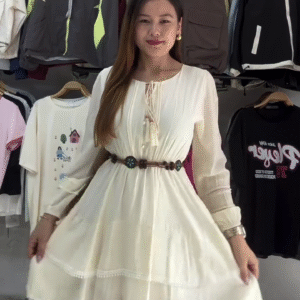 Women’s Cream Boho Long Sleeve Belted Mini Dress