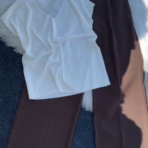 White Button-Down Sleeveless Top & High-Waist Brown Trousers Set