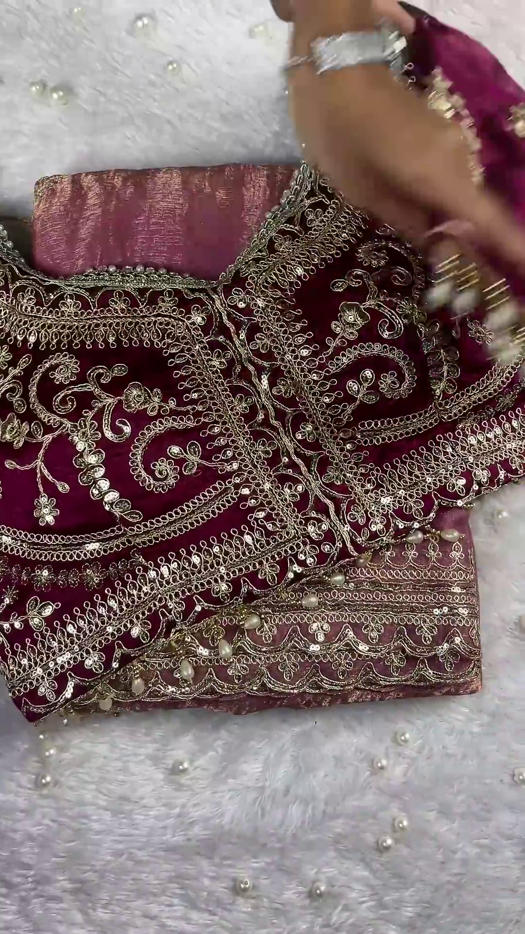 Luxury Maroon Heavy Hand-Embroidered Velvet Designer Blouse - Image 2