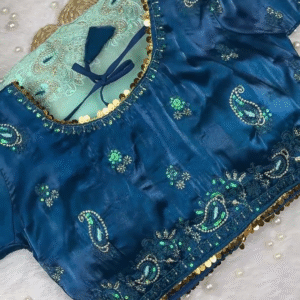 Peacock Blue Heavy Embroidered Designer Blouse with Coin Border