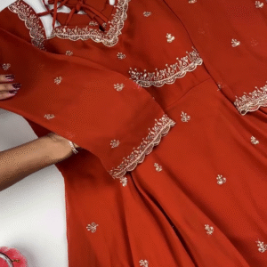 Terracotta Elegance Embroidered Anarkali Gown with Scalloped Detailing