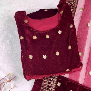 Majestic Ruby Velvet Anarkali with Golden Floral Zari and Sequin Embroidery